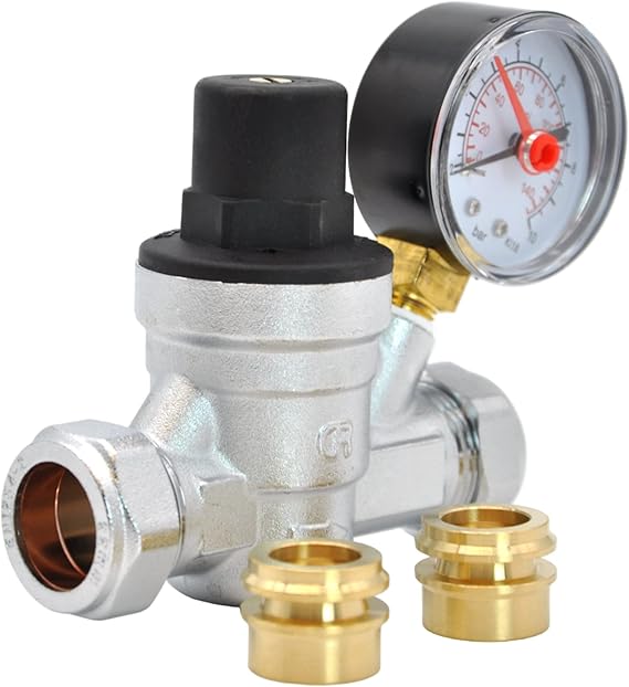 PresWater Pressure Reducing Valve – 22mm Compression &amp; 15mm Copper Piping Adjustable 1–6 Bar with Gauge | Brass Constructionsure Reducing Valve
